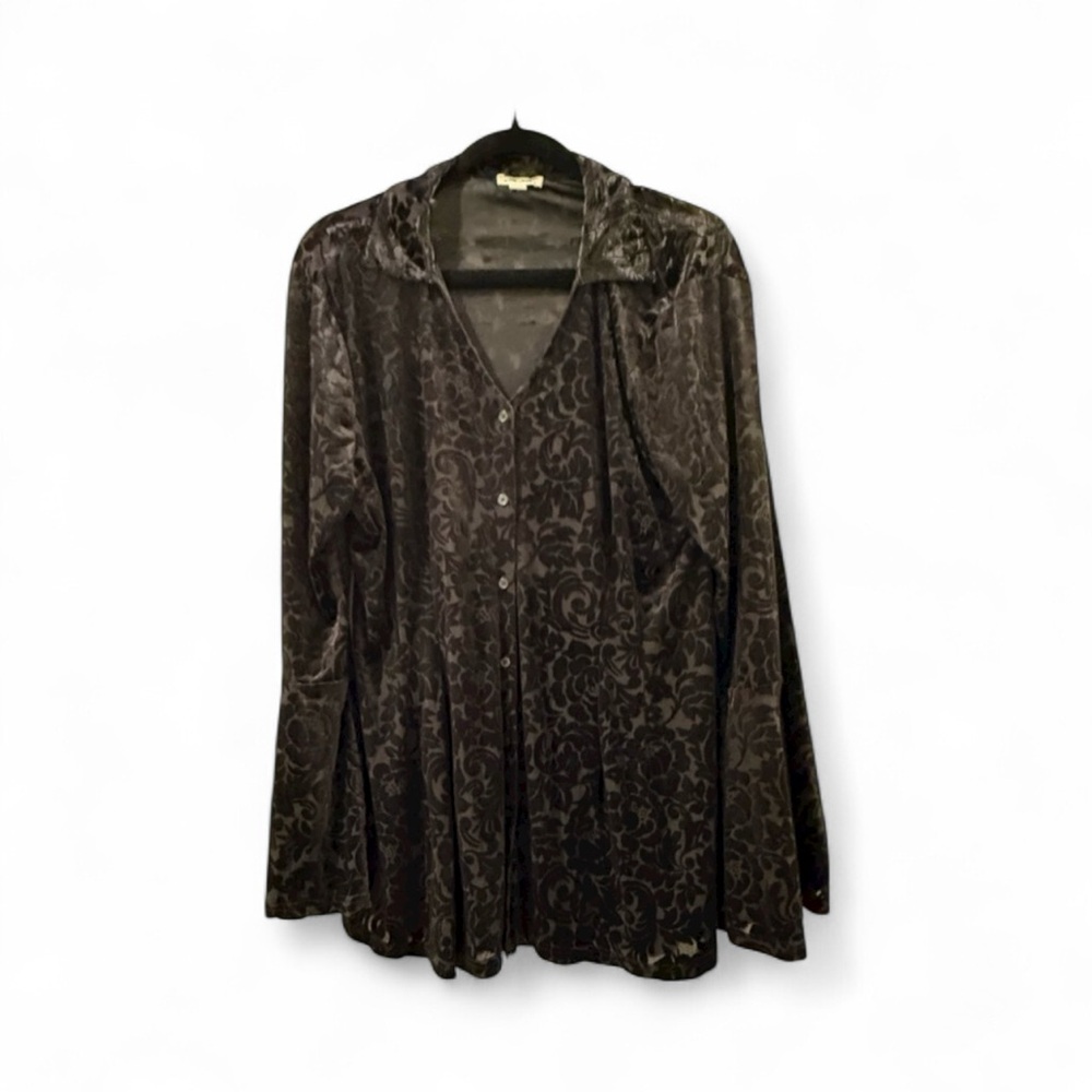 Black Jacquard Print Velvet Button-Up Shirt - Size XL